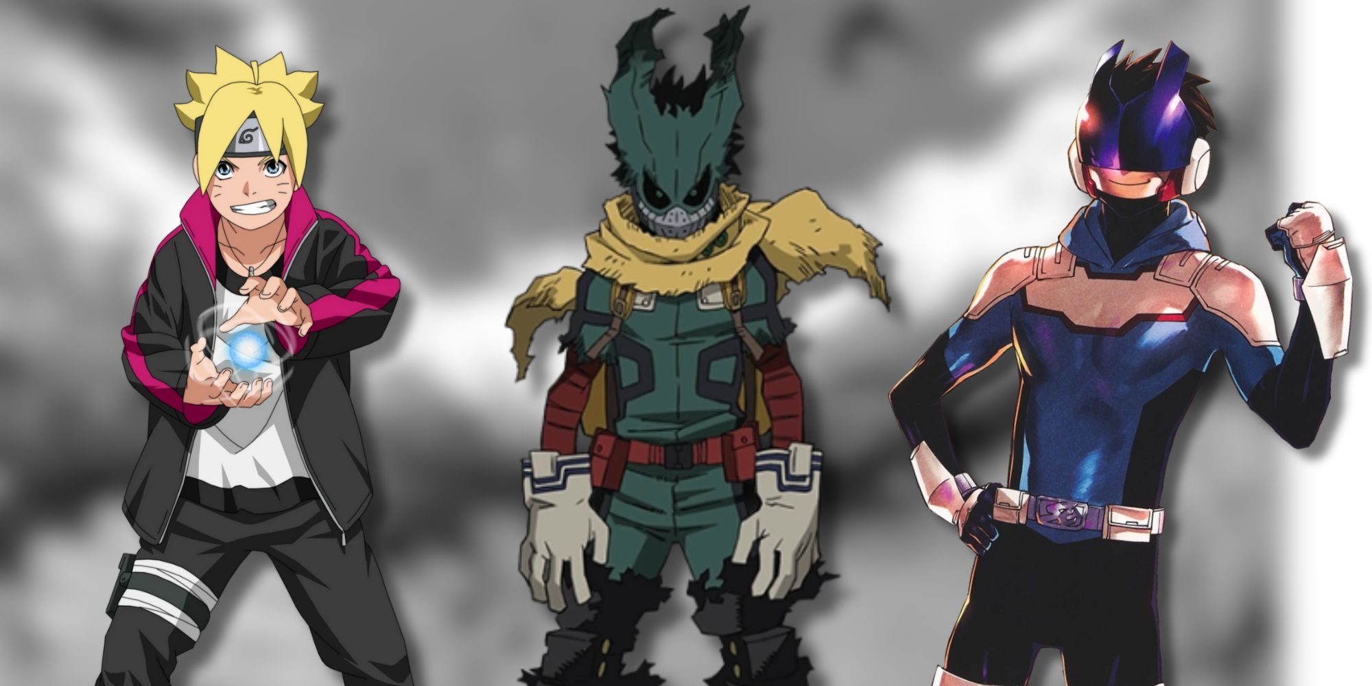 A collage of several characters that reflect reasons as to why MHA should get a new spinoff: Boruto from the Naruto spinoff series, Deku's Dark Hero design and Koichi from the existing spinoff, MHA Vigilantes.