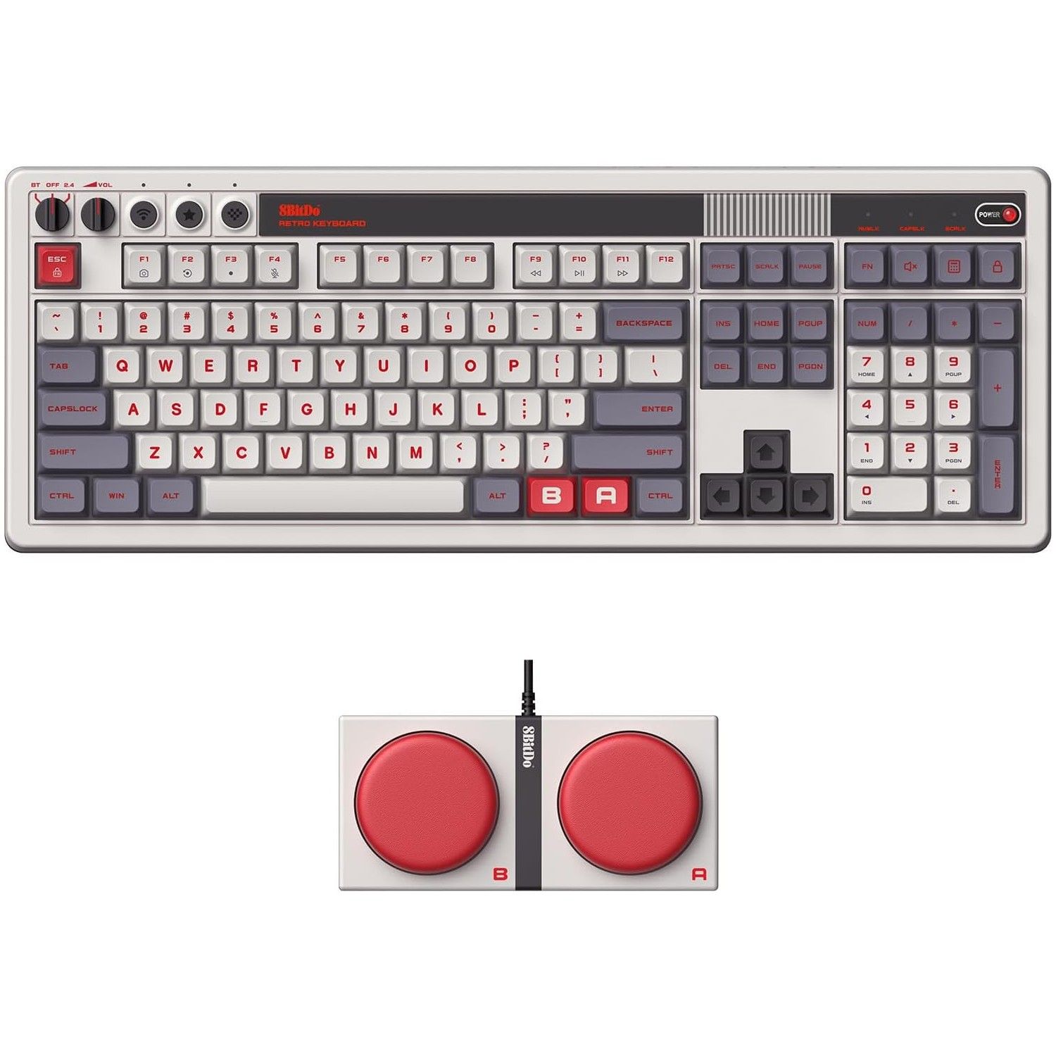 The 8BitDo Retro 108 Mechanical Keyboard N Edition with the Dual Super Buttons.