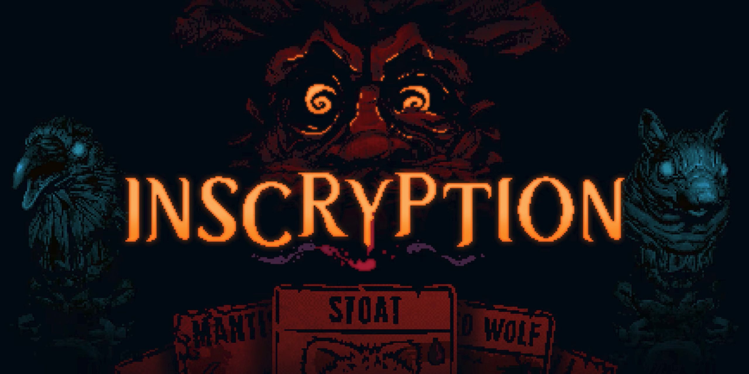 A spooky face and a deck of cards emerging from the darkness in Inscryption.