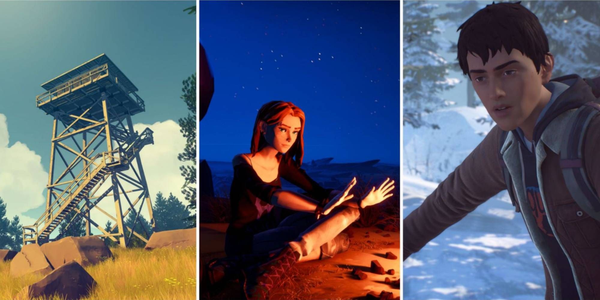 Split image of a watchtower from Firewatch, and characters from Road 96 and Life Is Strange 2