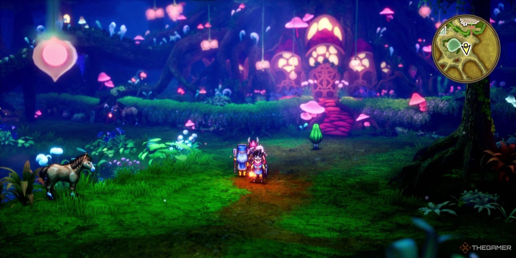 The Faerie Village sits all lit up at night in Dragon Quest 3 Remake.