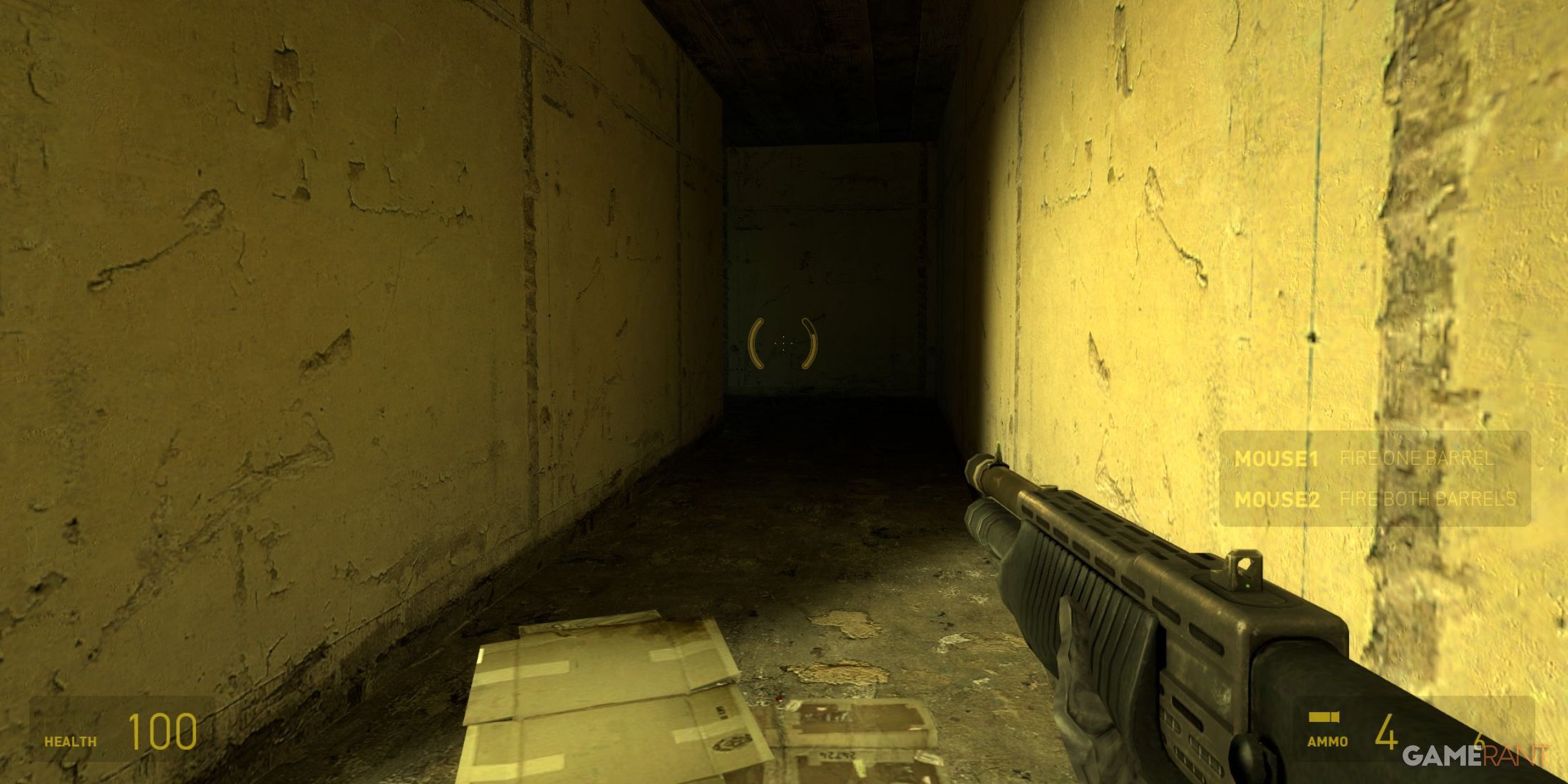 Shotgun equipped in a narrow yellow hallway in Half-Life 2