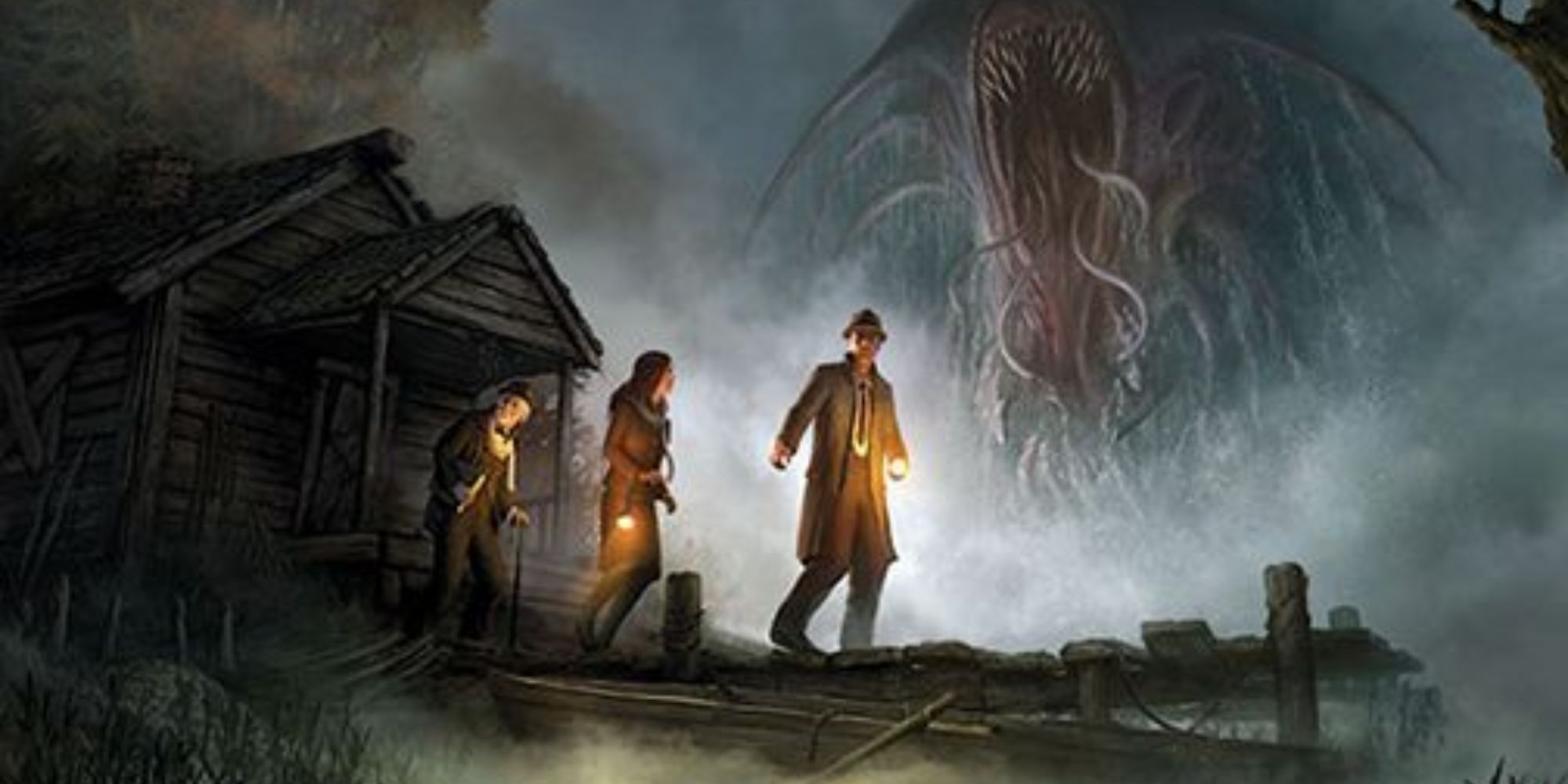 Call of Cthulhu investigators on a misty dock.