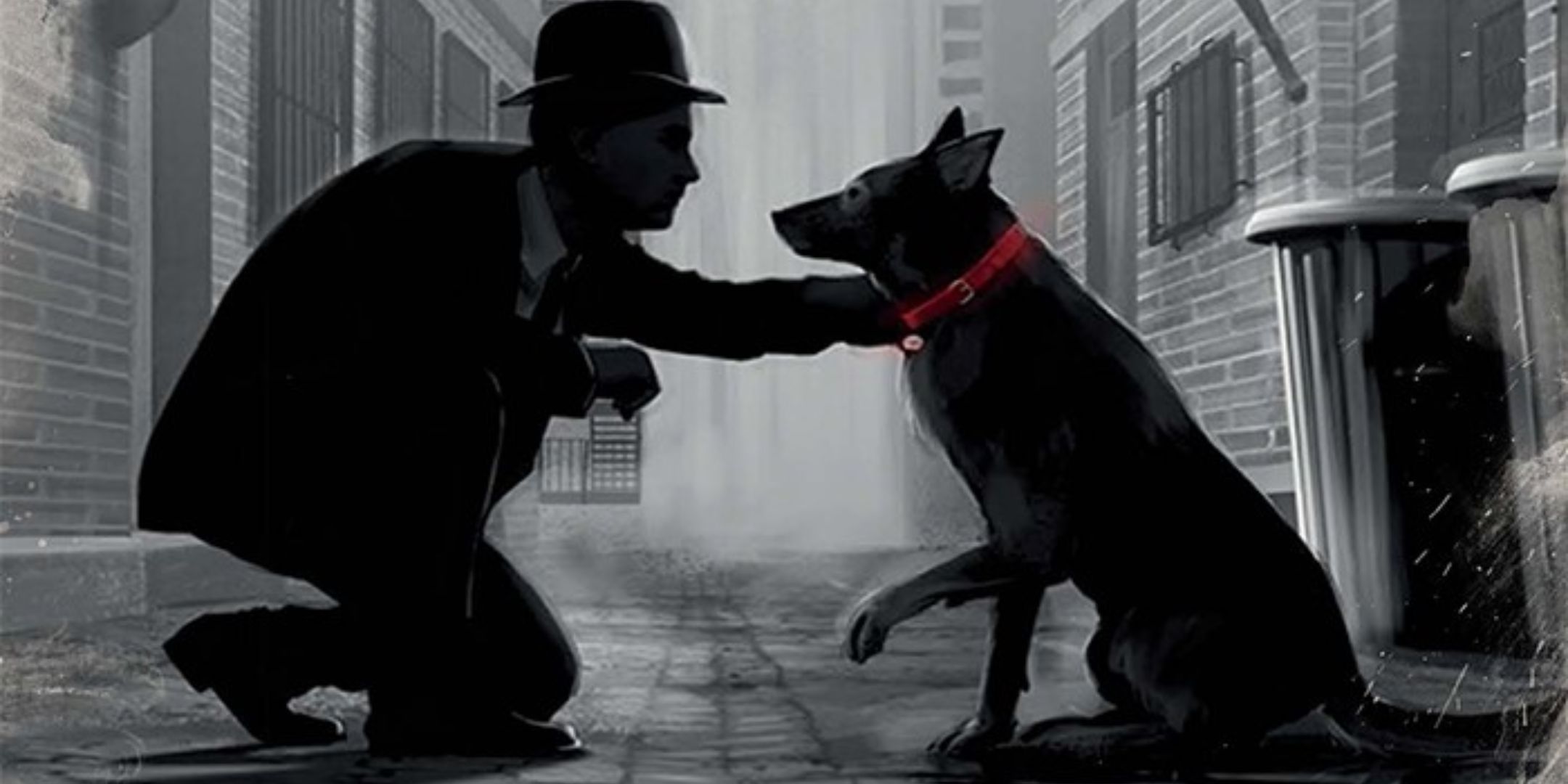 call of cthulhu art showing investigator in alley petting a dog.