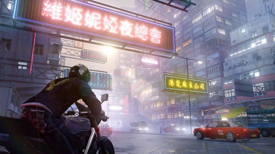 Best Police games - a cop is riding a motorbike through the cluttered streets of Hong Kong in Sleeping Dogs.