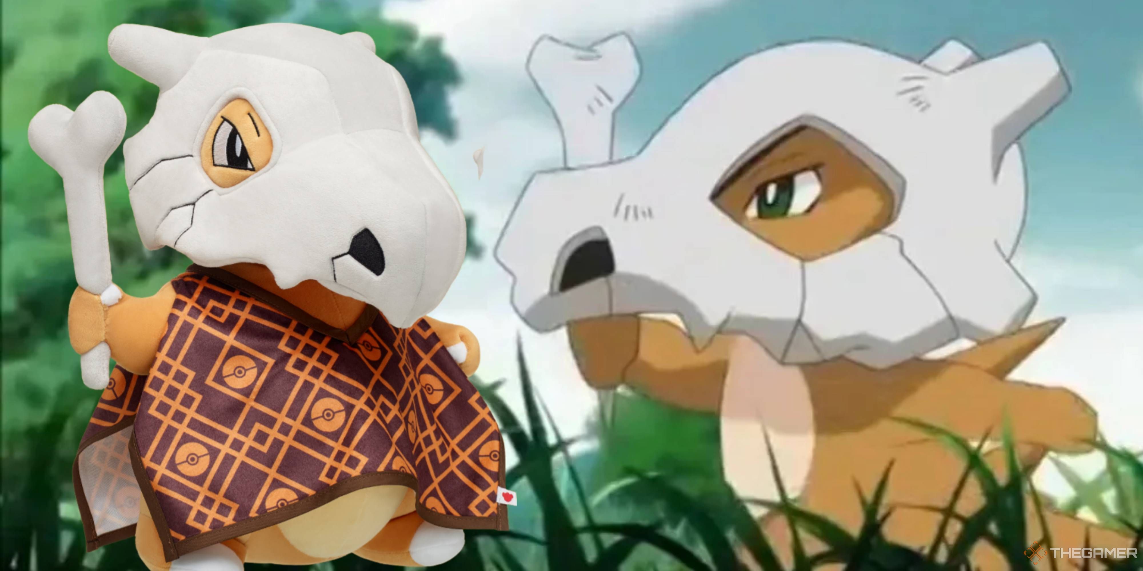 cubone looking at a build-a-bear cubone plush