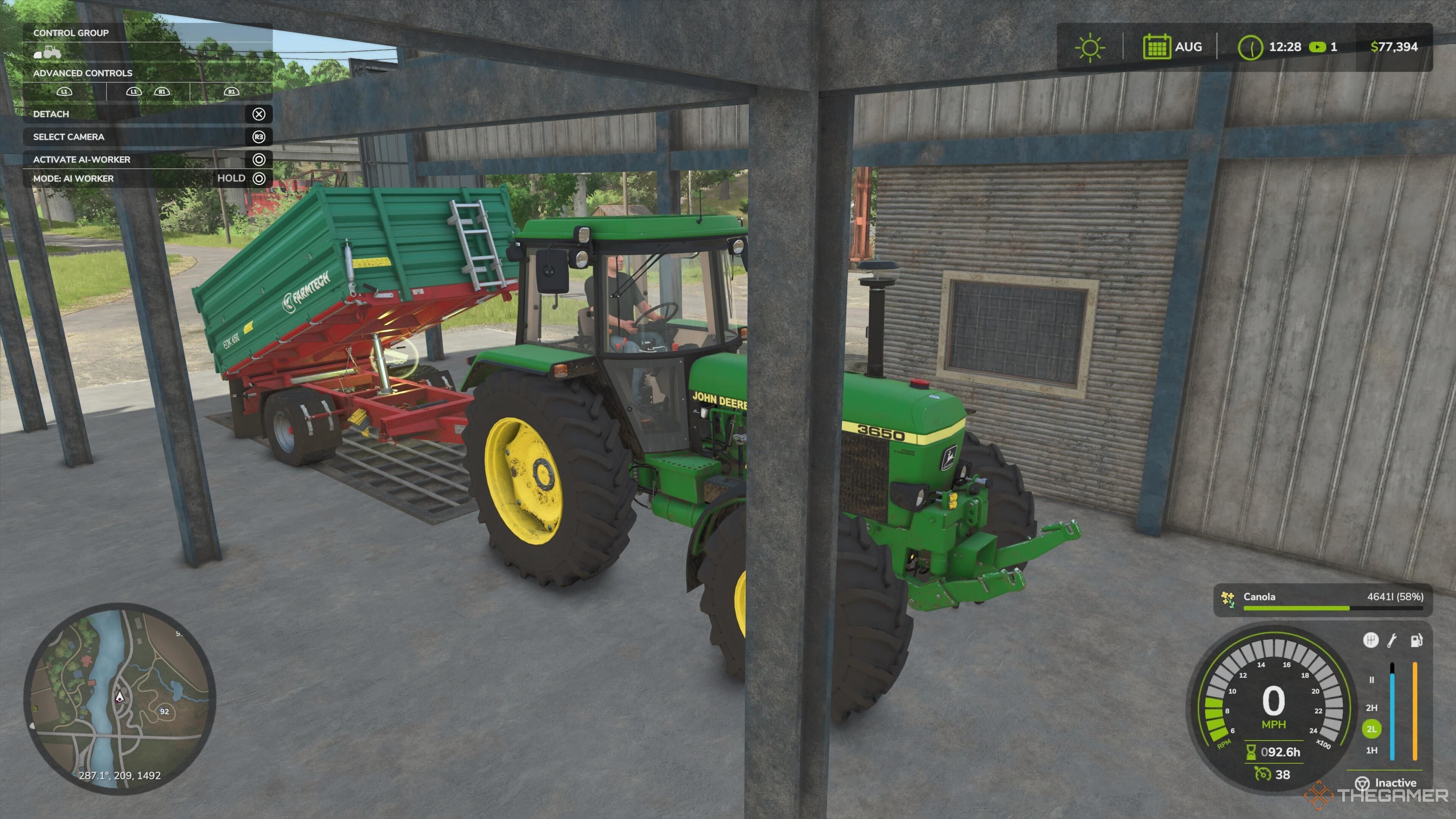 Unloading a batch of canola into a vendor's storage grate in Farming Simulator 25