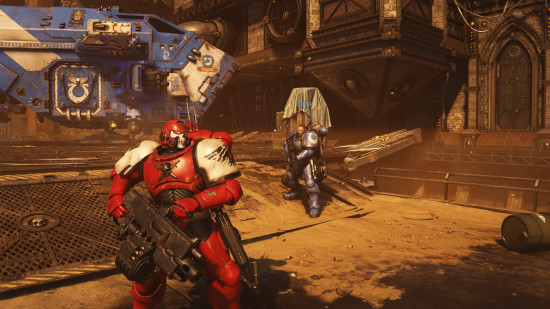 Best Space Marine 2 mods: a red marine holding a large gun thanks to the Operations Arsenal Unlocker mod