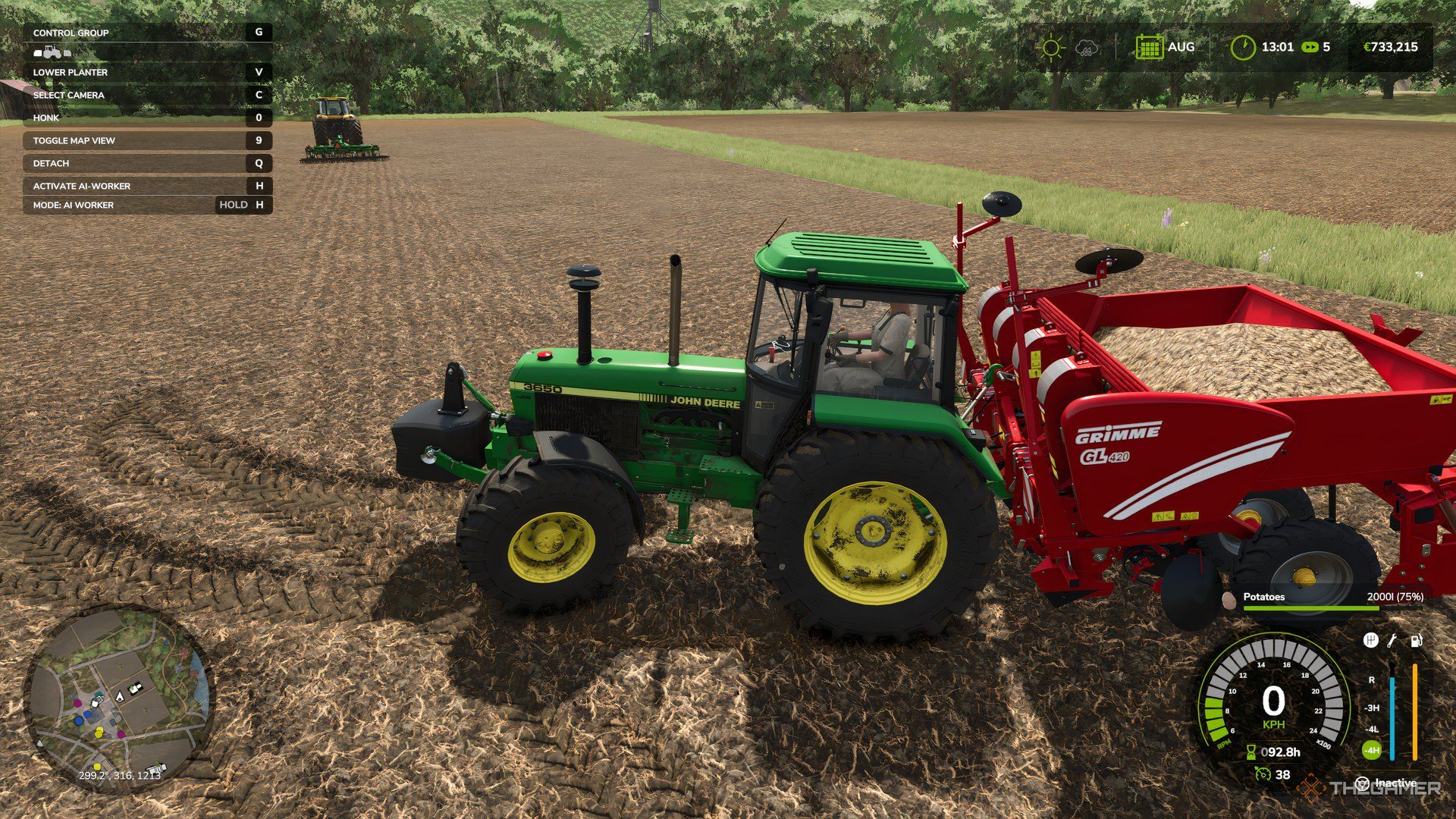 The green tractor is dragging the planter which is carrying Potatoes in Farming Simulator 25.