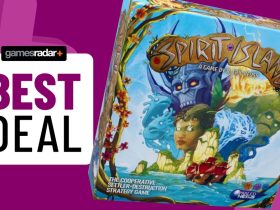 Spirit Island box beside a 'best deal' badge, all against a purple background