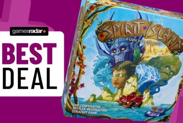 Spirit Island box beside a 'best deal' badge, all against a purple background