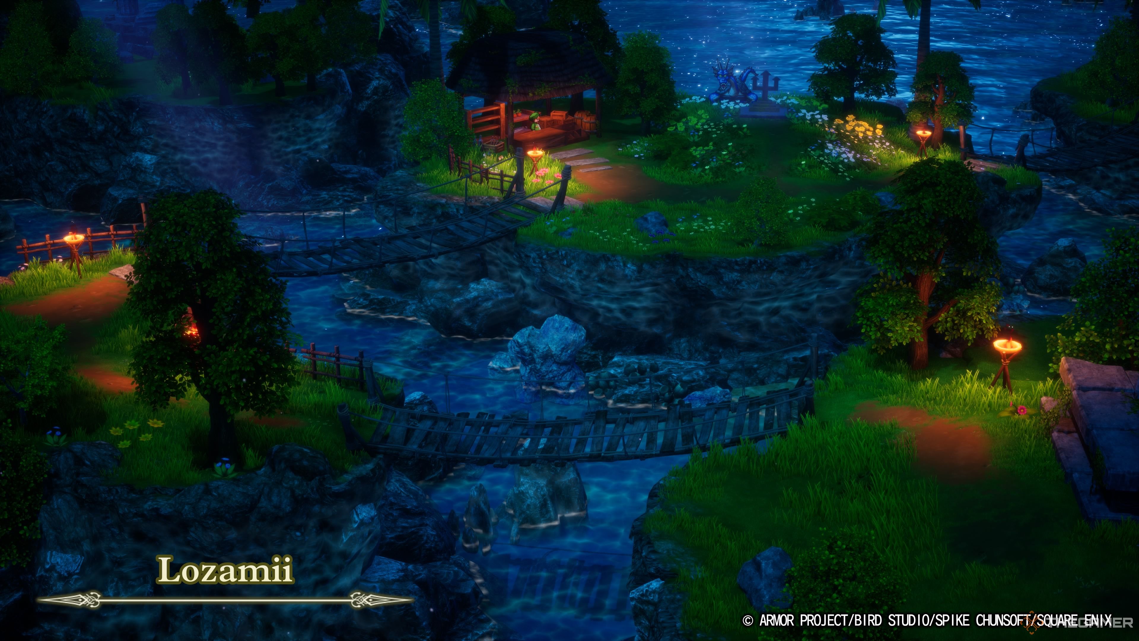 DRAGON QUEST III HD-2D Remake entering Lozamii for the first time at night.