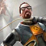 Official Half-Life 2 artwork from Valve showing protagonist Gordon Freeman wrangling with an alien creature