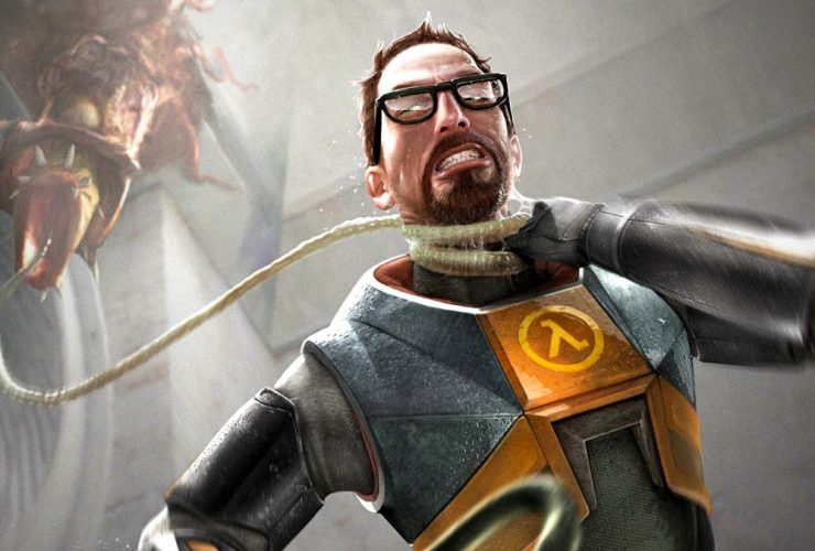 Official Half-Life 2 artwork from Valve showing protagonist Gordon Freeman wrangling with an alien creature