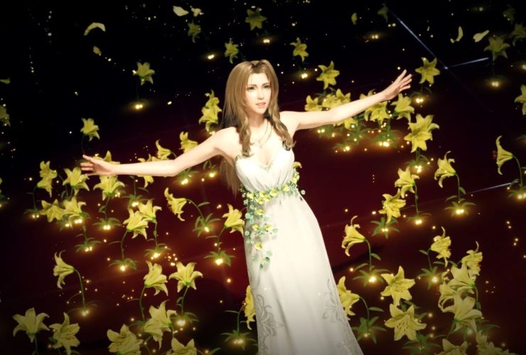 Final Fantasy 7 Rebirth screenshot showing Aerith, a young woman with long fair hair and a flowing white gown, singing with her arms spread wide