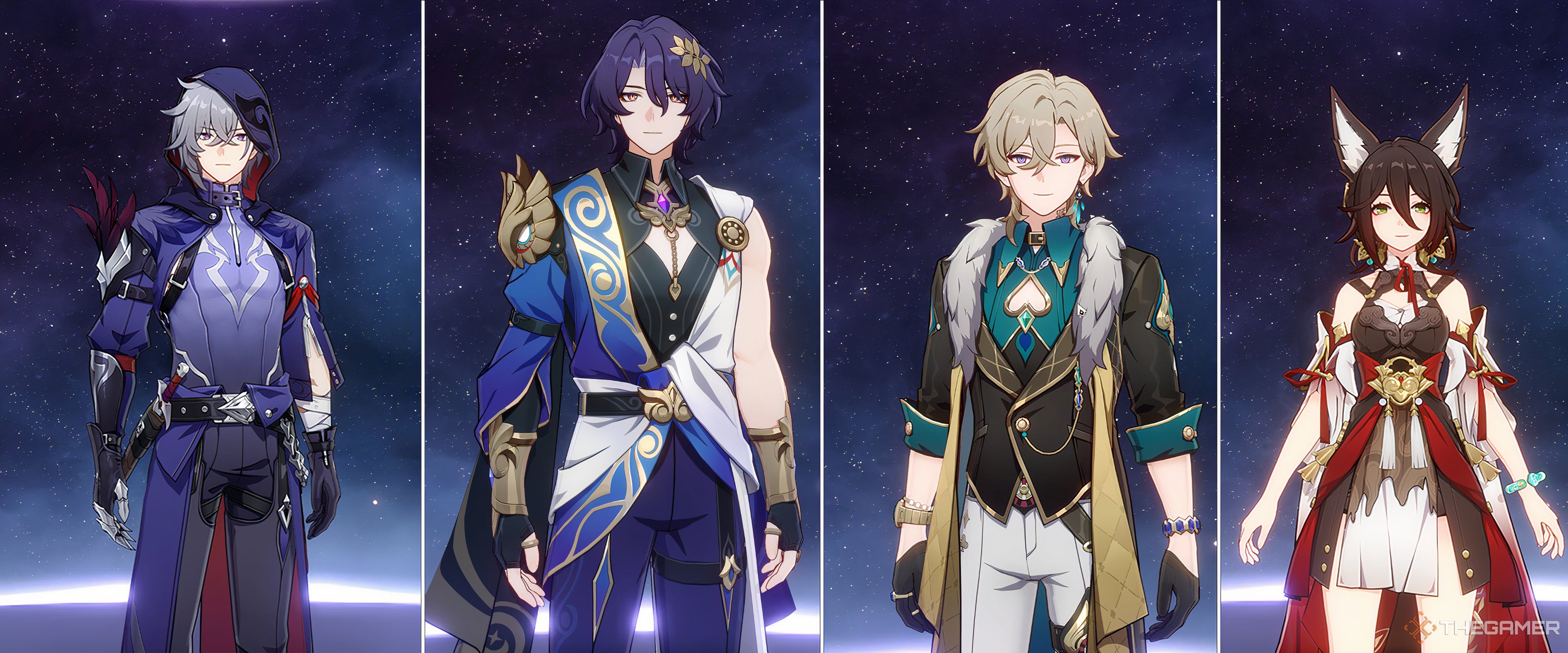 Honkai: Star Rail's Moze, Dr Ratio, Aventurine and Tingyun in a line.