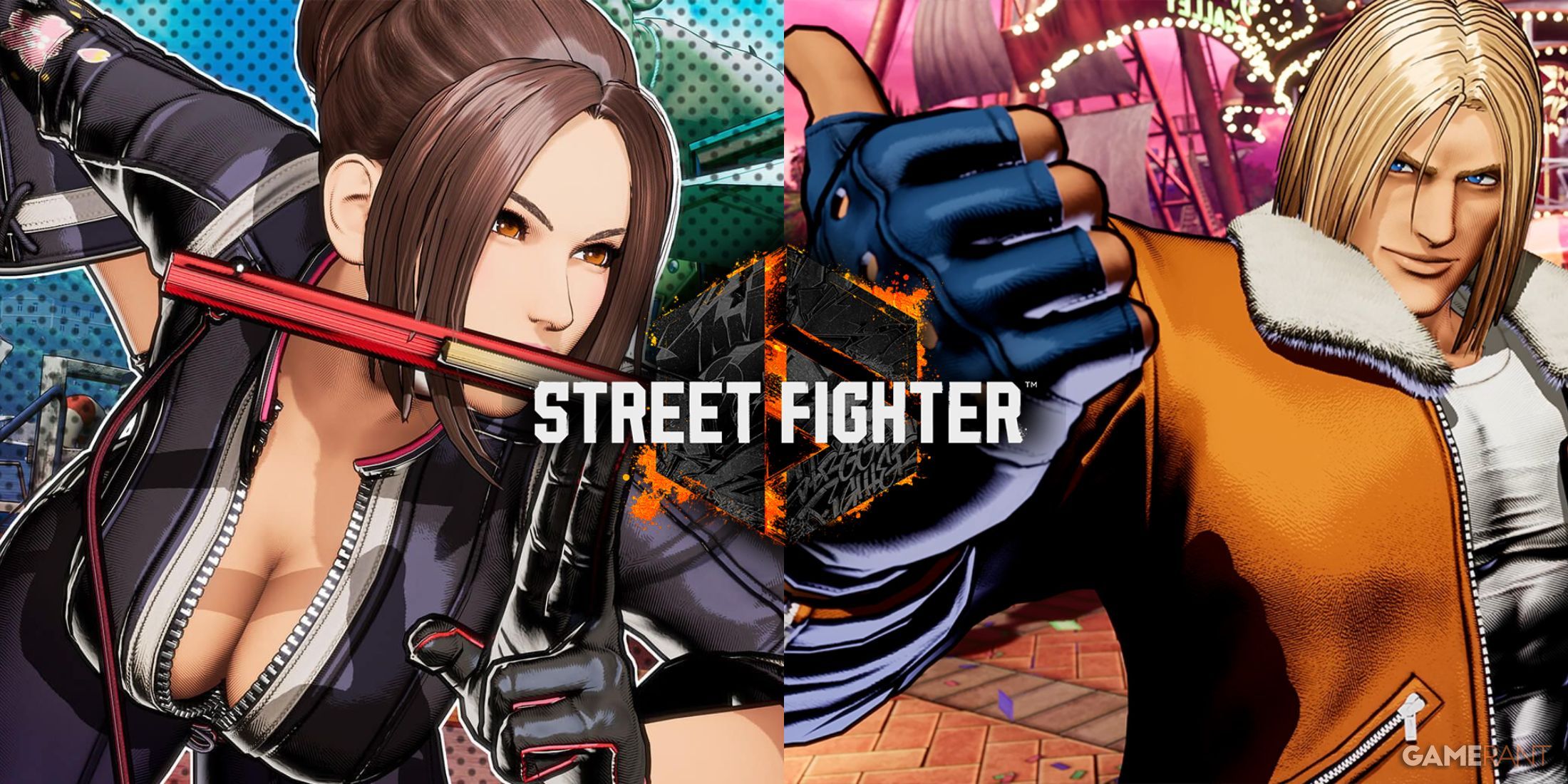 Official renders of Mai Shiranui and Terry Bogard from Fatal Fury: City of the Wolves. The Street Fighter 6 logo is edited on top of them to bring their role in that game's King of Fighters DLC to attention