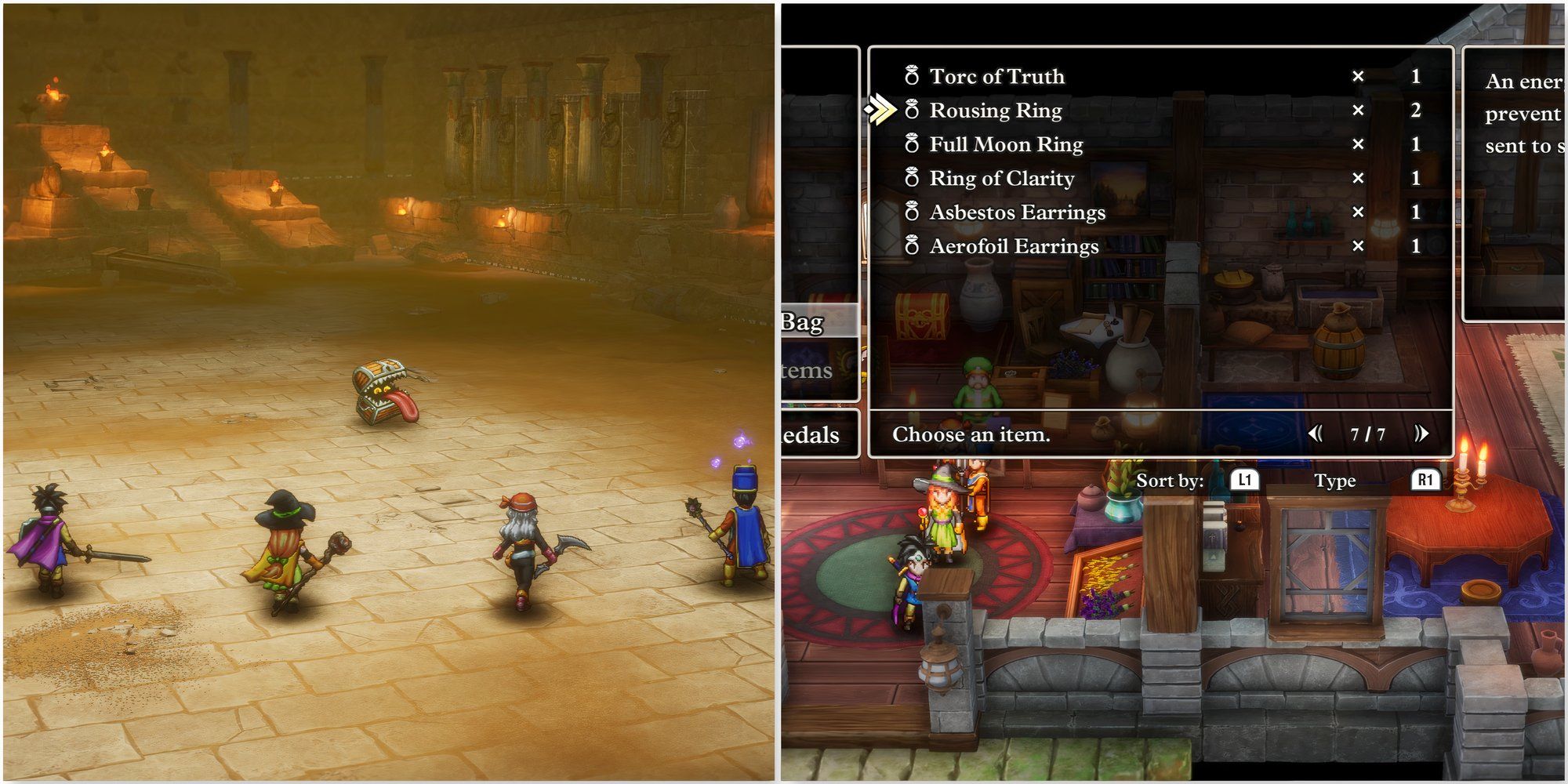 Fighting a battle and Rousing Ring accessory in Dragon Quest 3 HD-2D Remake