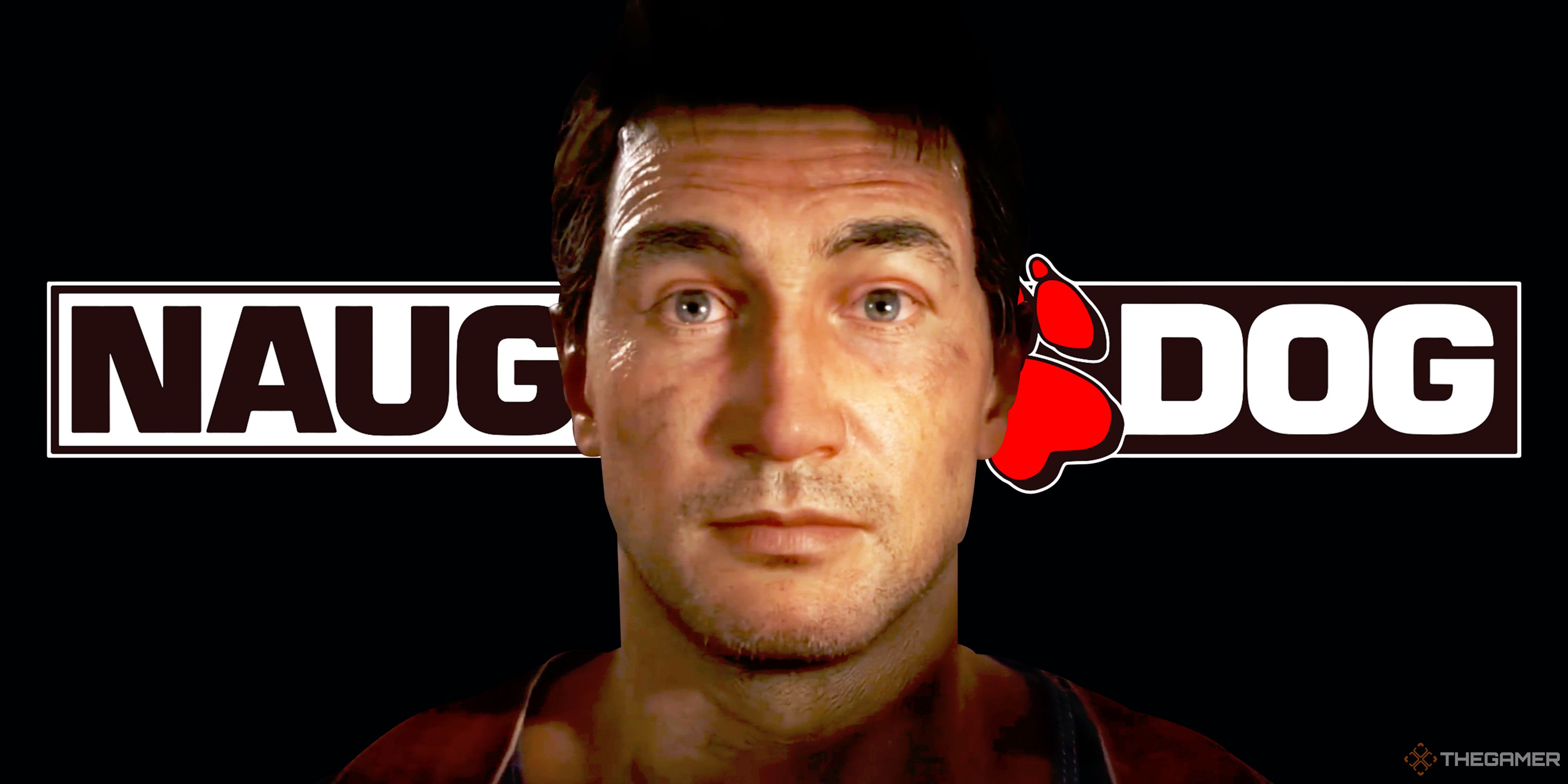 Nathan Drake from Uncharted looking puzzled with the Naughty Dog logo in the background.