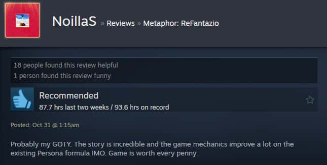 A screenshot shows a Steam review for Metaphor: ReFantazio.