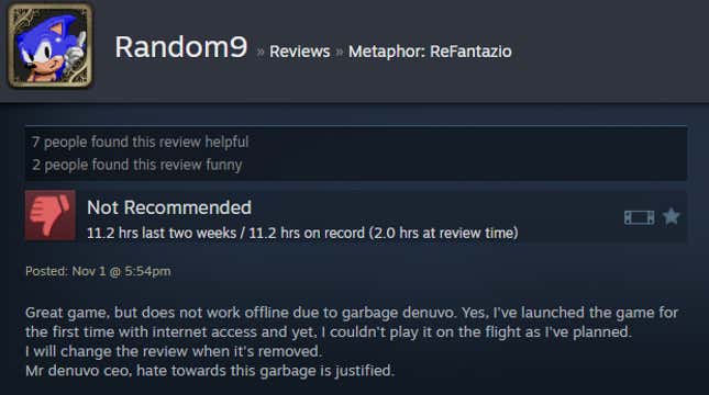 A screenshot shows a Steam review for Metaphor: ReFantazio.