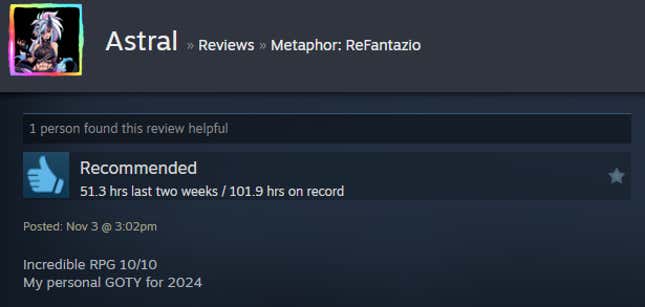 A screenshot shows a Steam review for Metaphor: ReFantazio.