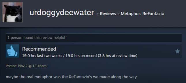 A screenshot shows a Steam review for Metaphor: ReFantazio.