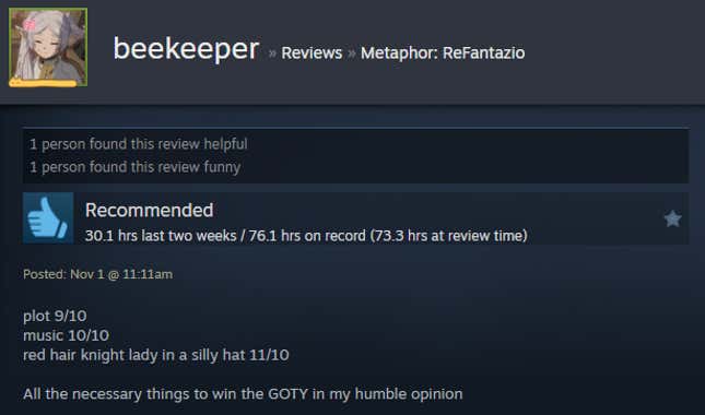 A screenshot shows a Steam review for Metaphor: ReFantazio.