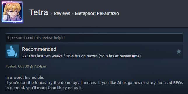 A screenshot shows a Steam review for Metaphor: ReFantazio.