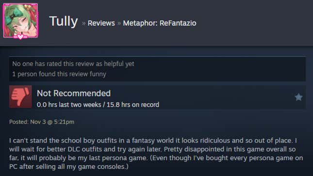 A screenshot shows a Steam review for Metaphor: ReFantazio.