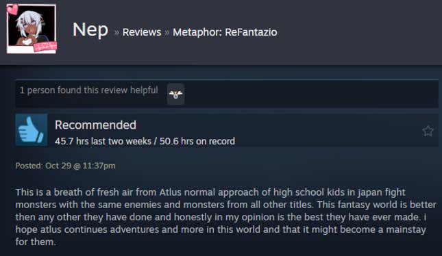 A screenshot shows a Steam review for Metaphor: ReFantazio.