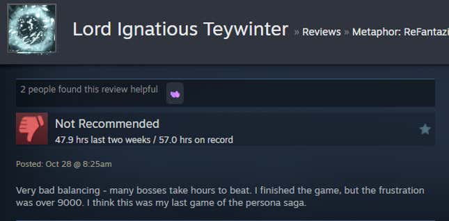 A screenshot shows a Steam review for Metaphor: ReFantazio.