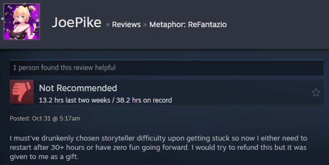 A screenshot shows a Steam review for Metaphor: ReFantazio.