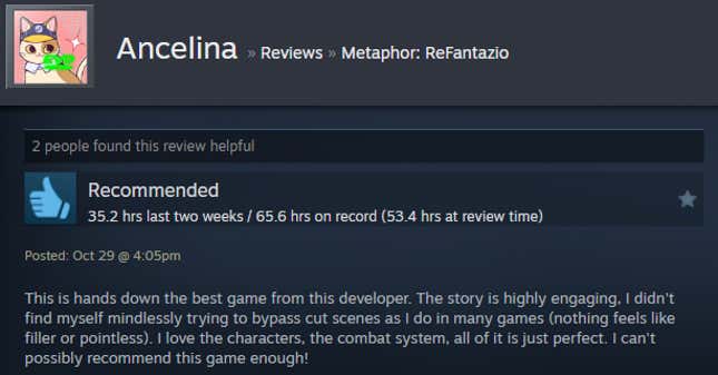 A screenshot shows a Steam review for Metaphor: ReFantazio.