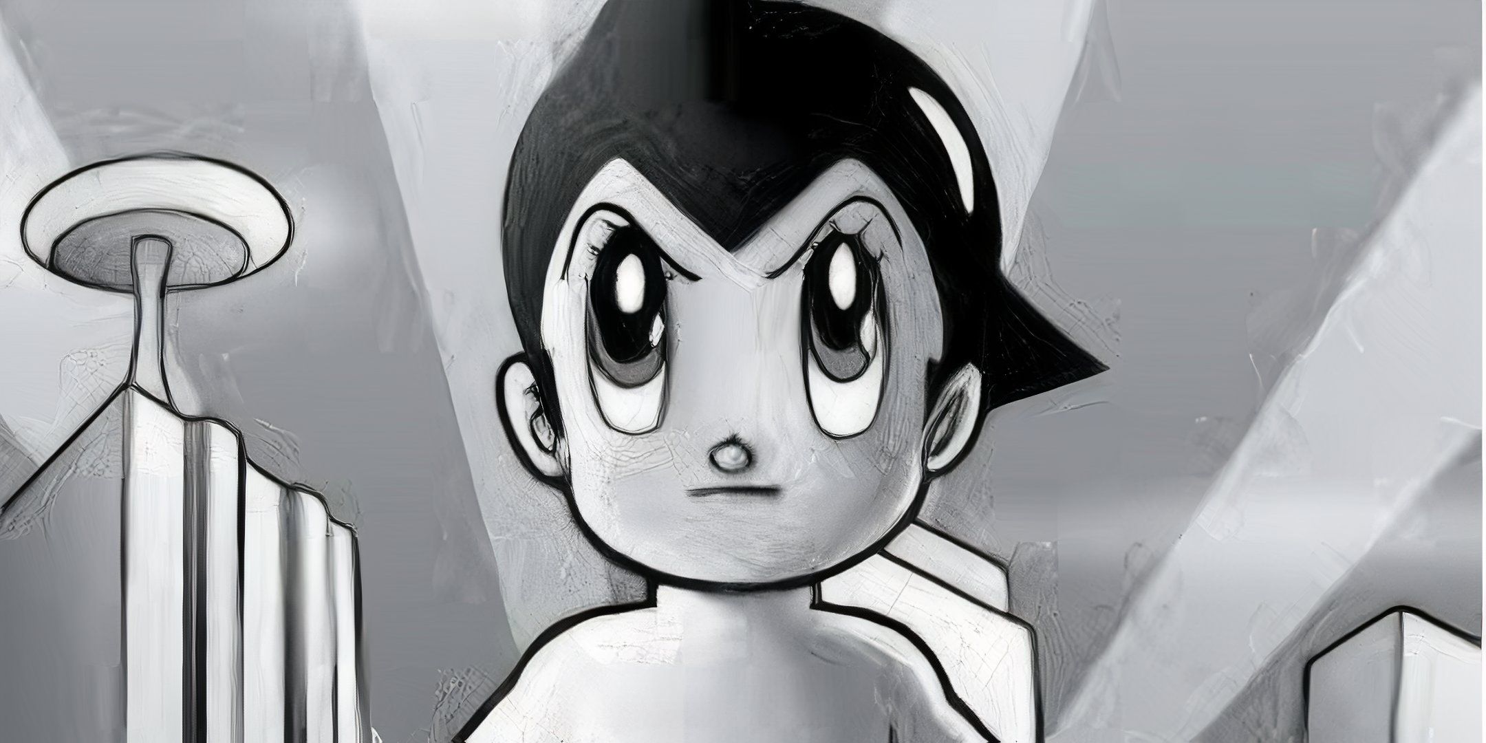 A black and white screenshot of Astro Boy looking determined.