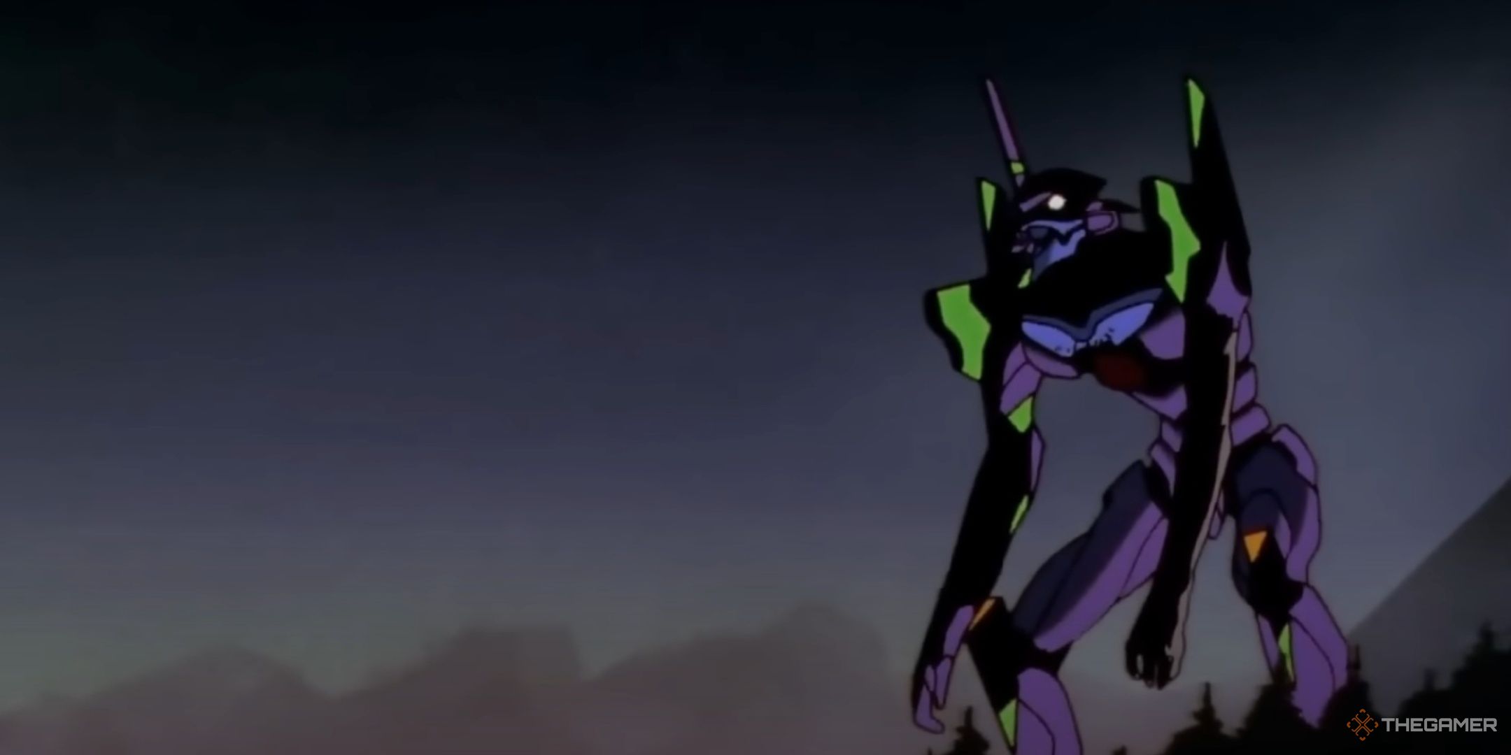 Shinji's Eva goes Berserk in Neon Genesis Evangelion and stands menacingly in the dark.