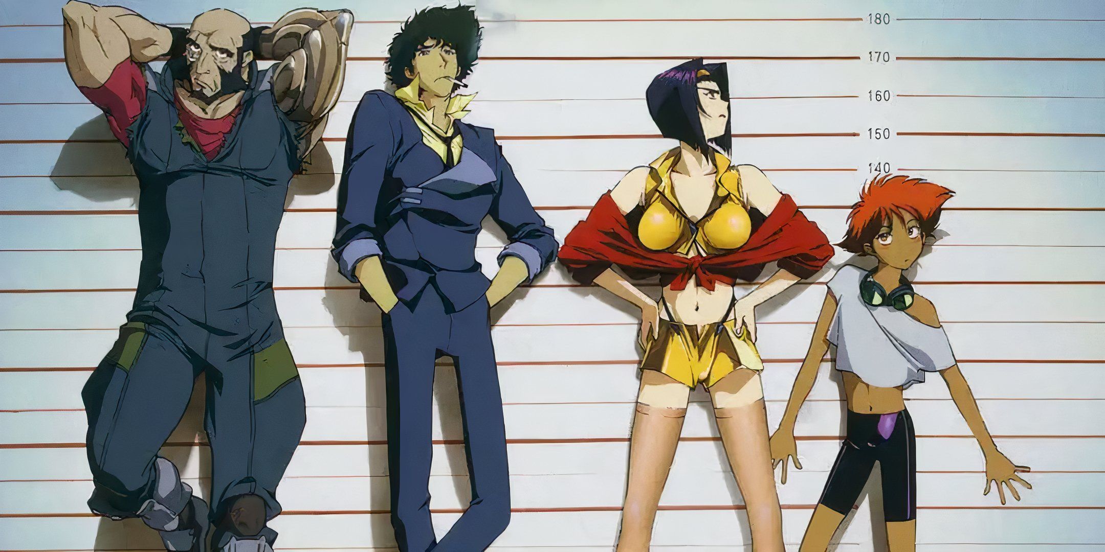 Jet, Spike, Faye and Edward standing against a wall from Cowboy Bebop.