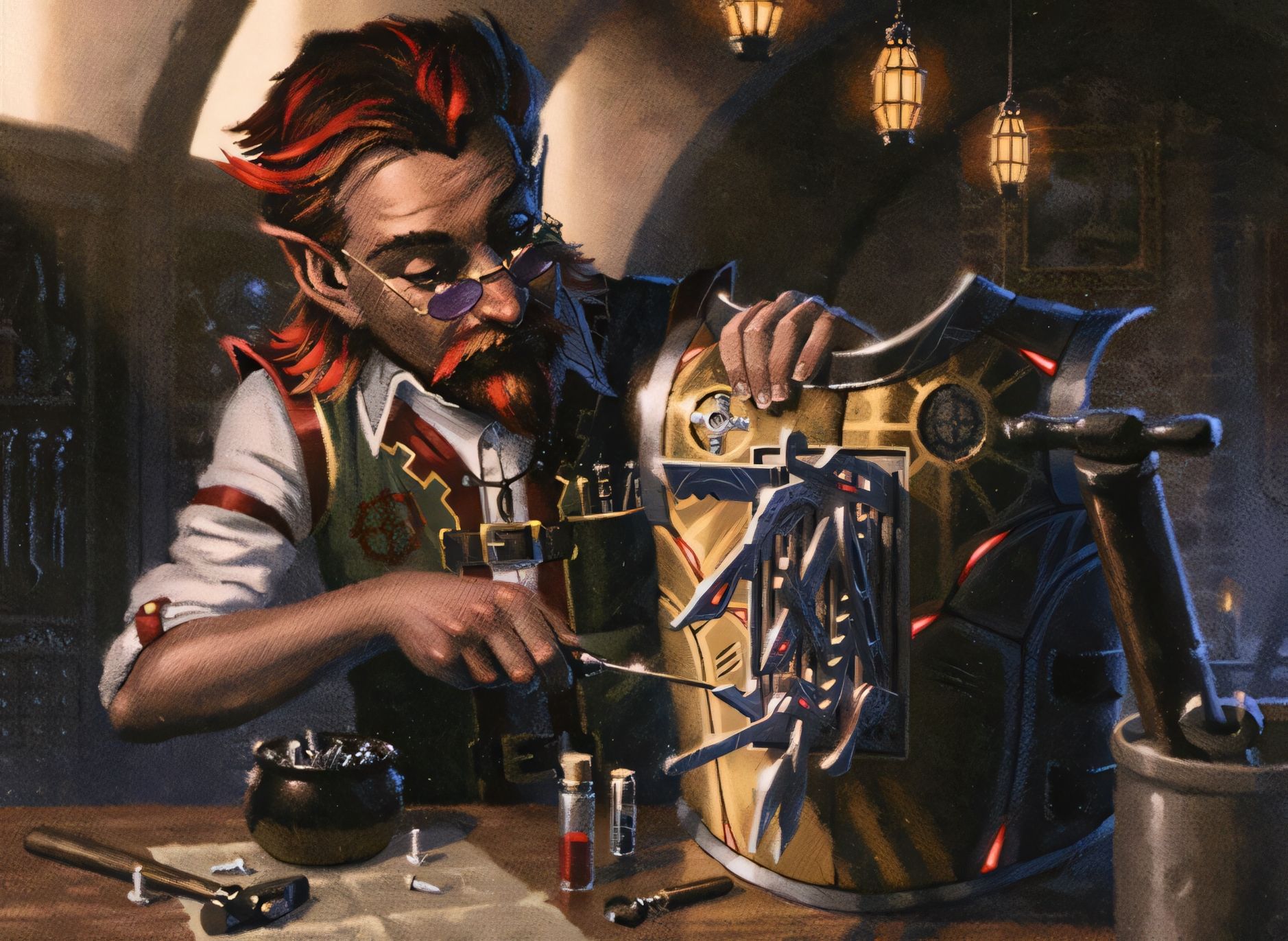 Image of an artificer tinkering with his armor.