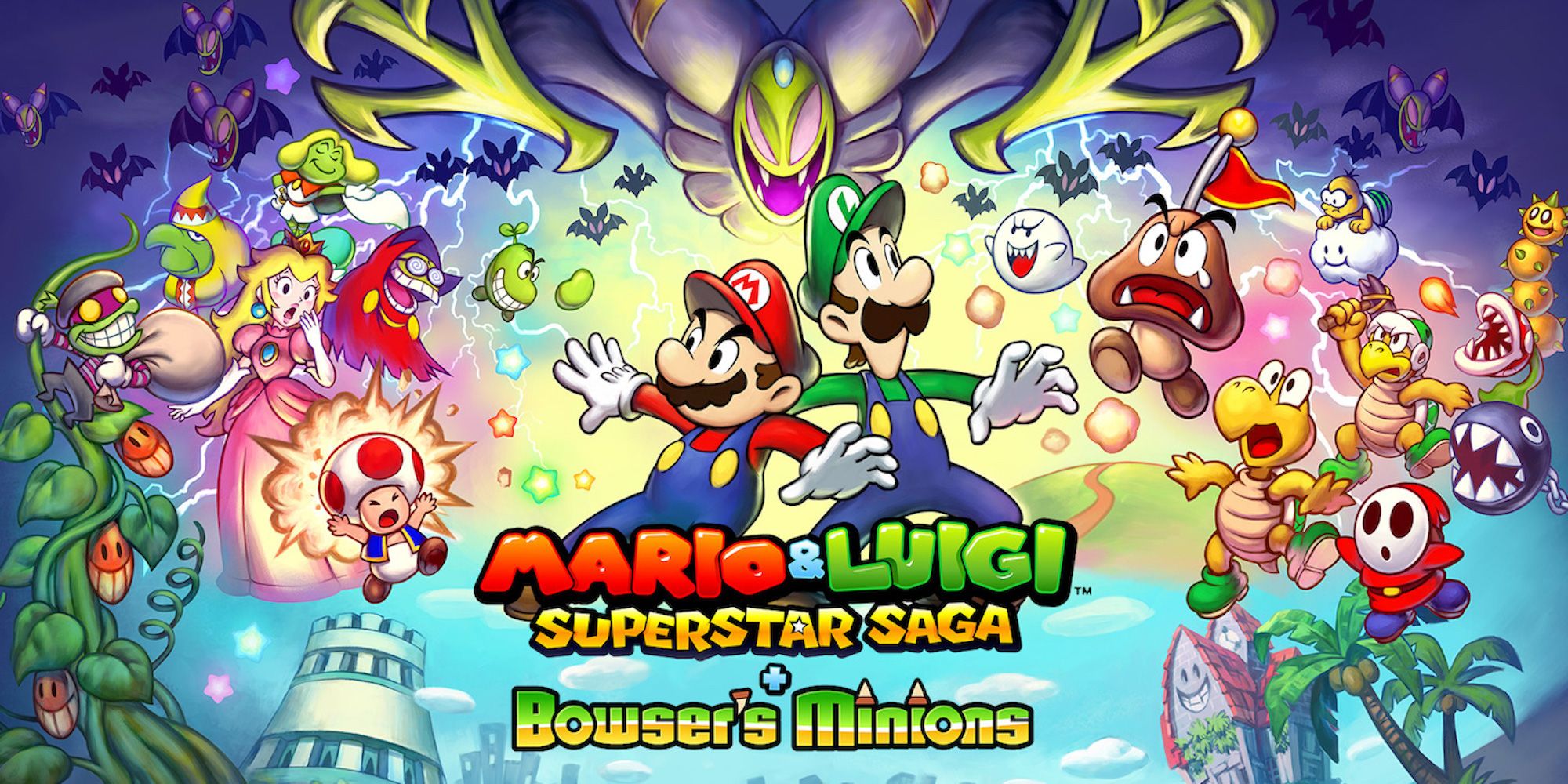 Mario and Luigi surrounded by the main cast from Mario & Luigi Superstar Saga + Bowser's Minions.