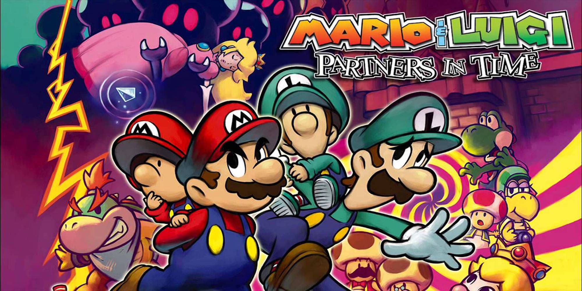 Mario, Luigi, and their baby versions surrounded by the main cast from Mario & Luigi: Partners in Time.