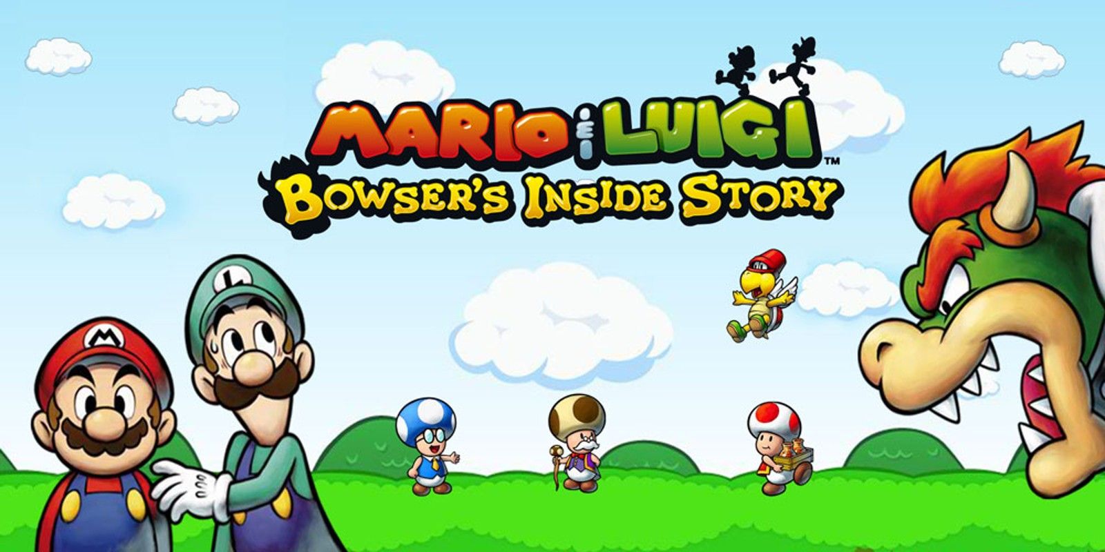 Mario, Luigi, Bowser, Toadsworth, two Toads and a Koopa stand in a field from Mario & Luigi: Bowser's Inside Story.