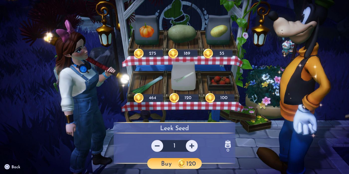 An image of Goofy's Stall selling the Leek Seed from Disney Dreamlight Valley