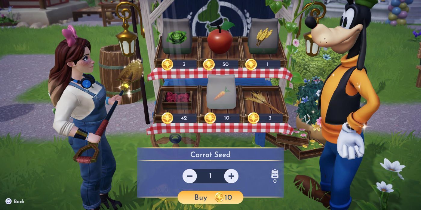 An image of Goofy's Stall selling the Carrot Seed from Disney Dreamlight Valley