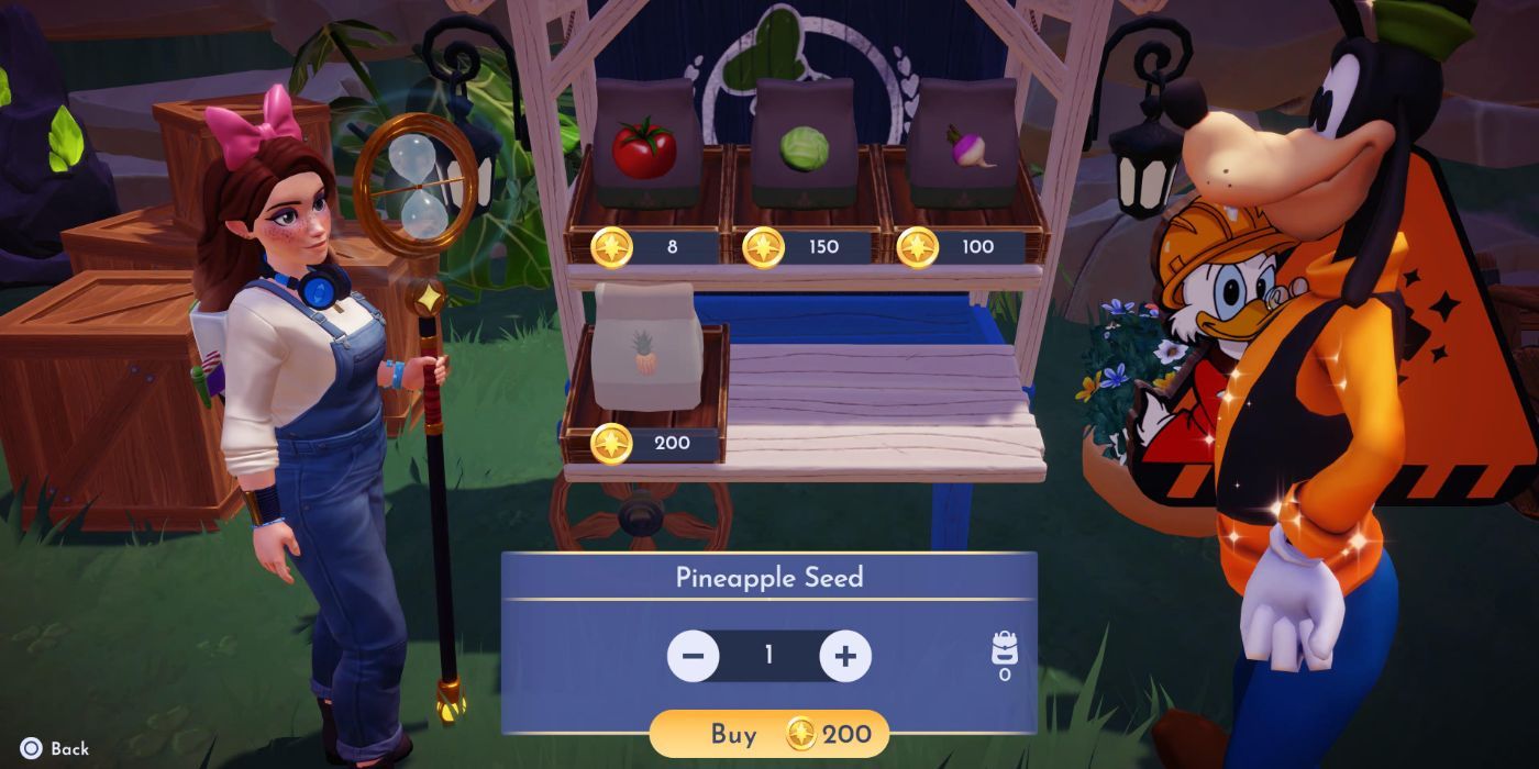 An image of Goofy's Stall selling the Pineapple Seed from Disney Dreamlight Valley