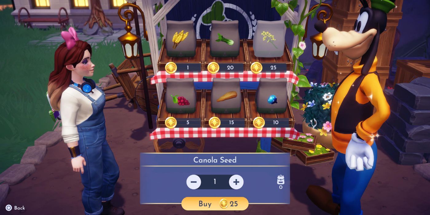 An image of Goofy's Stall selling the Canola Seed from Disney Dreamlight Valley