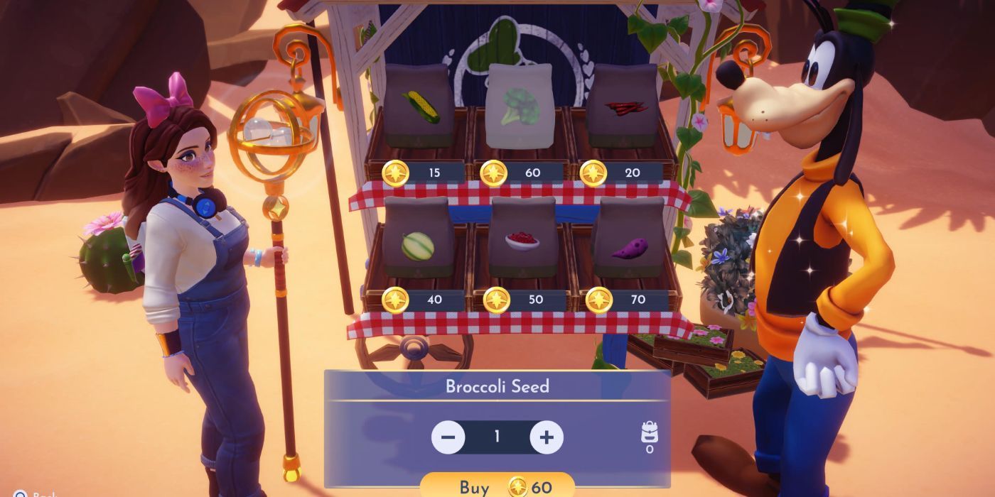 An image of Goofy's Stall selling the Broccoli Seed from Disney Dreamlight Valley