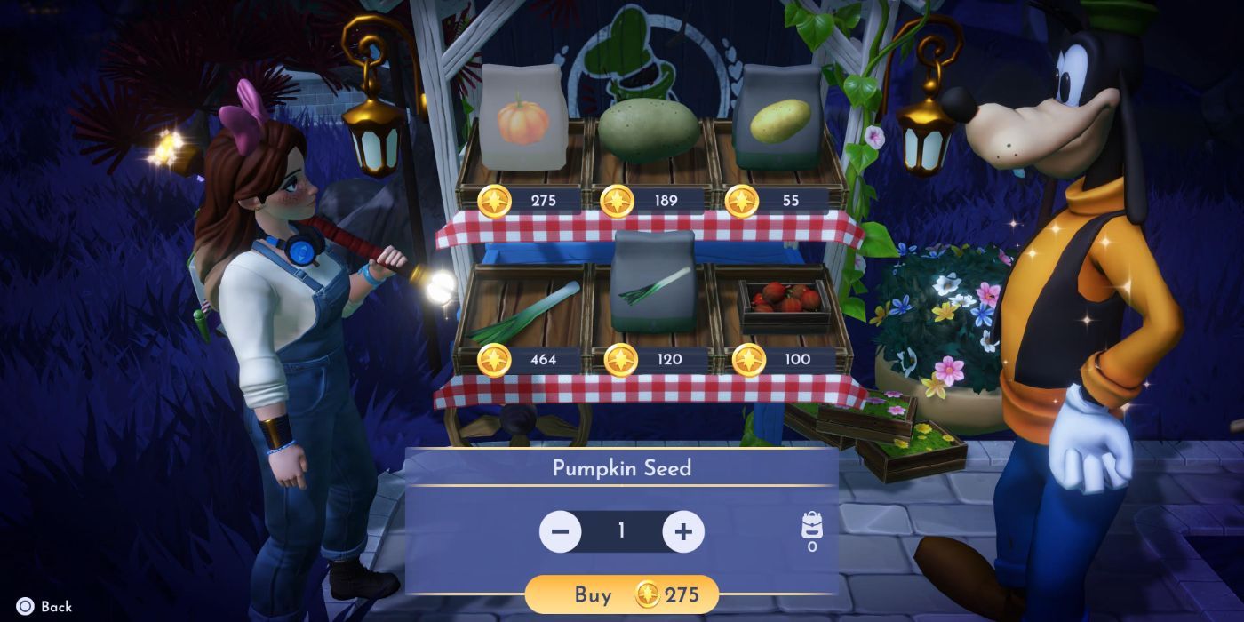 An image of Goofy's Stall selling the Pumpkin Seed from Disney Dreamlight Valley