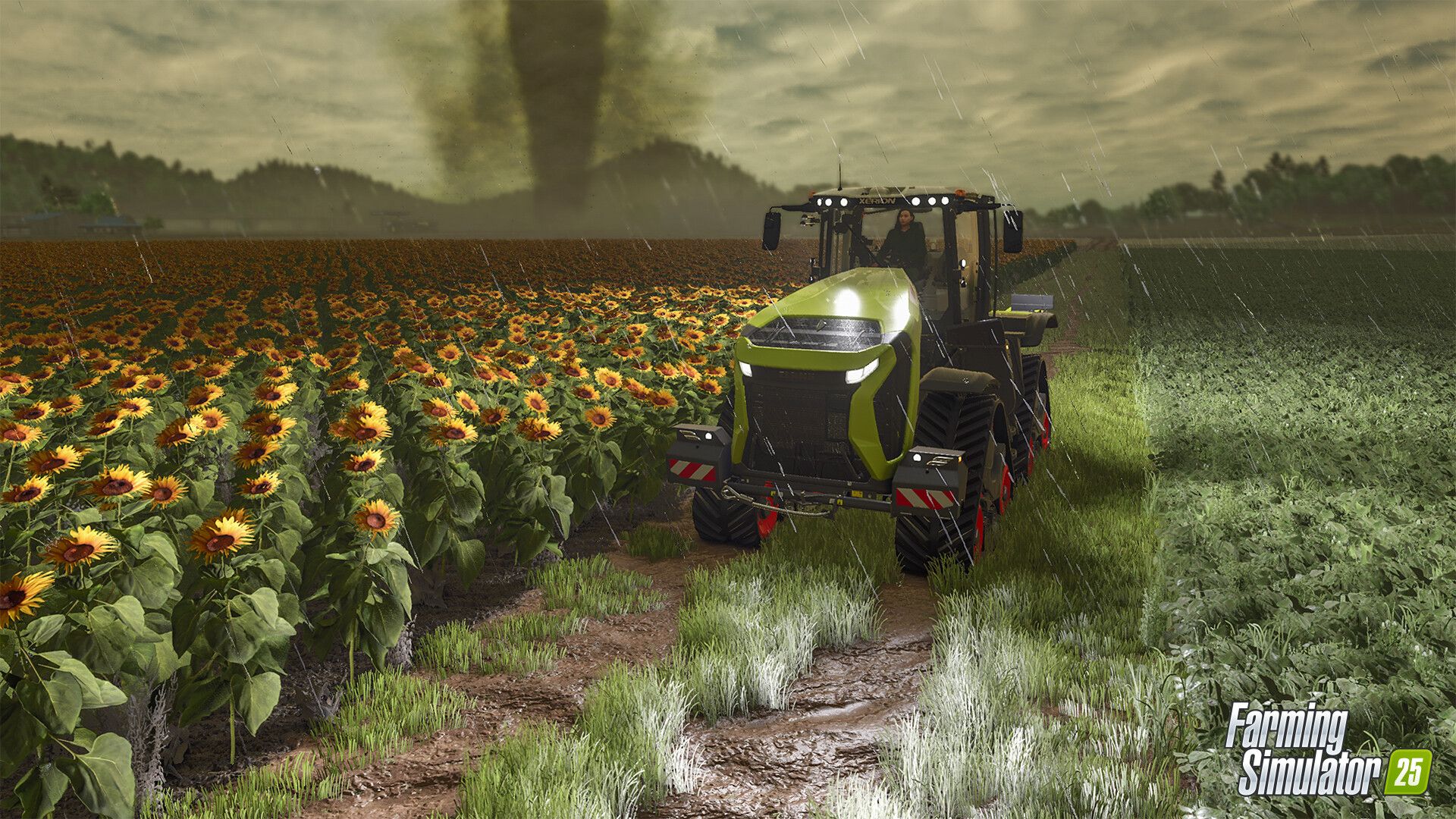 Driving a tractor down a rainy field in Farming Simulator 25