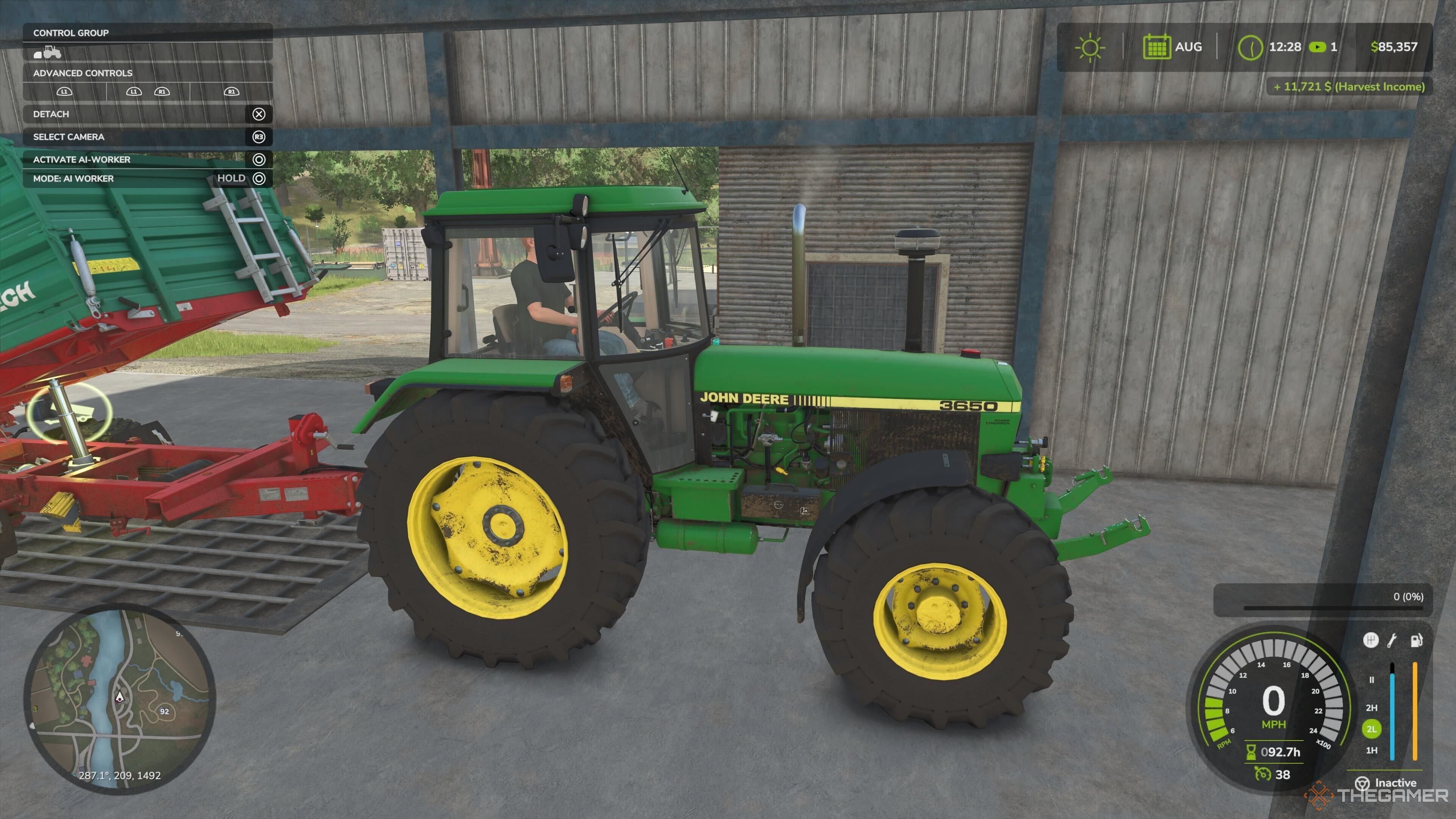 A trailer prepares to unload its crops in Farming Simulator 25