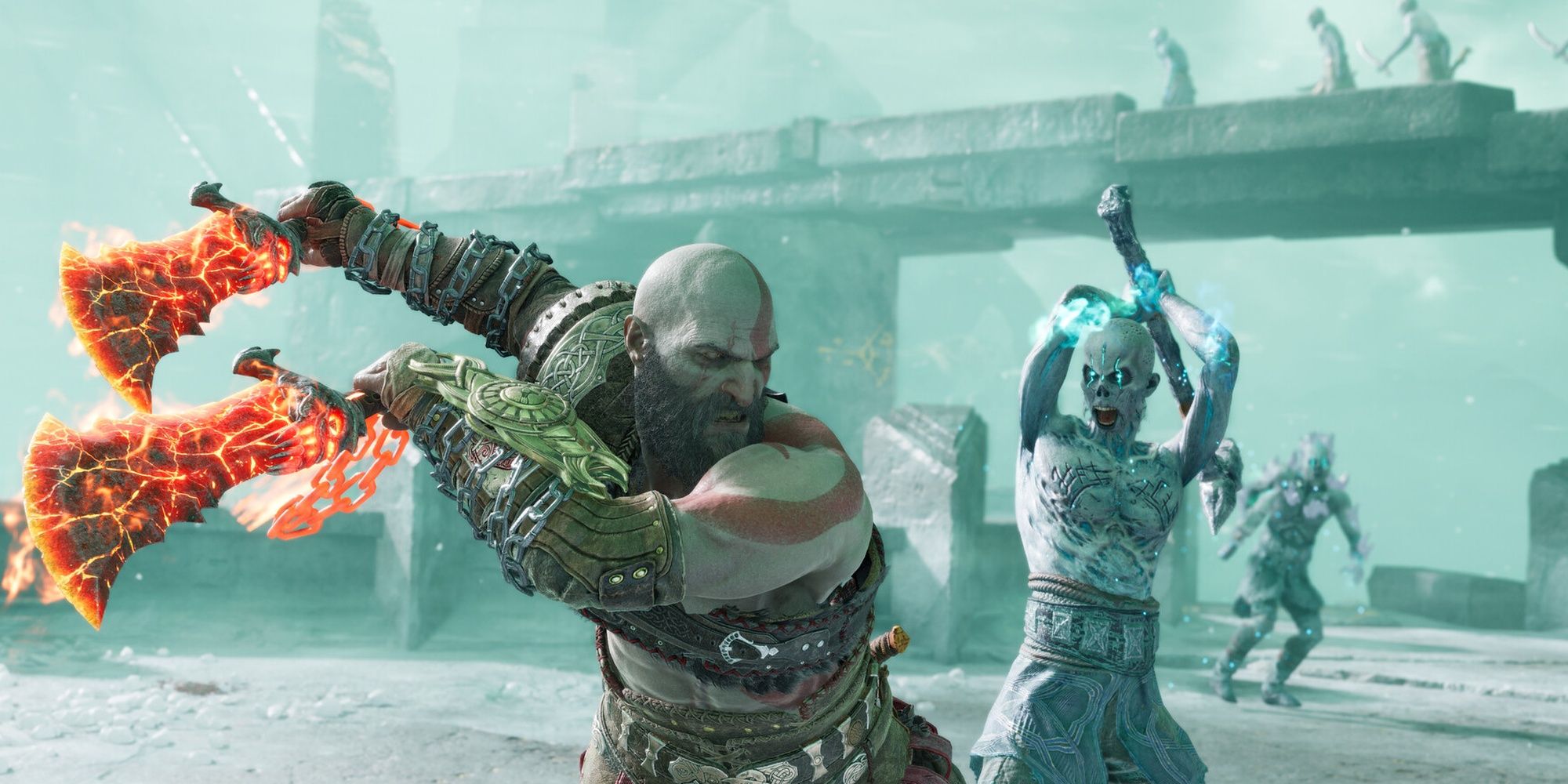 God Of War: Ragnarok - Kratos using his chain blades in combat.